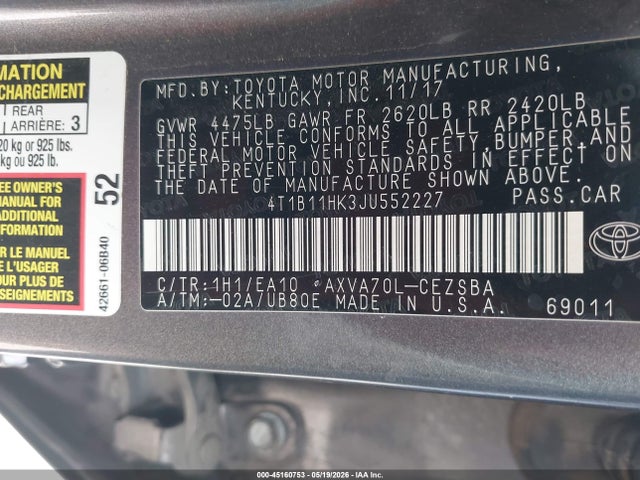 2018 Toyota Camry Se მანქანა იყიდება აუქციონზე, vin: 4T1B11HK3JU552227, აუქციონის ნომერი: 45160753