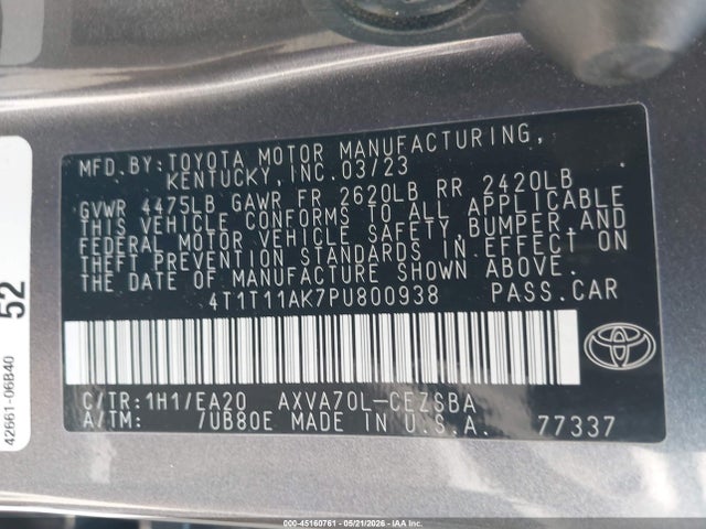Aukcja sprzedaży 2023 Toyota Camry Se, vin: 4T1T11AK7PU800938, numer aukcji: 45160761