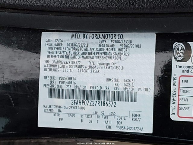 Aukcja sprzedaży 2007 Ford Fusion Se, vin: 3FAHP07Z37R186572, numer aukcji: 45160763