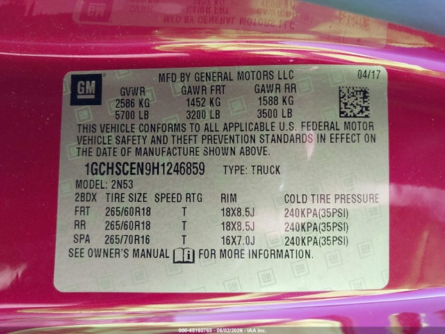 Aukcja sprzedaży 2017 Chevrolet Colorado Lt, vin: 1GCHSCEN9H1246859, numer aukcji: 45160765