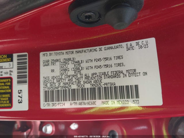 Aukcja sprzedaży 2023 Toyota Tacoma Sr5, vin: 3TYAX5GN4PT090425, numer aukcji: 45160770
