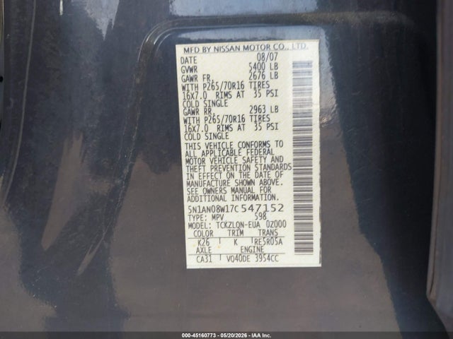 Продажа на аукционе авто 2007 Nissan Xterra X, vin: 5N1AN08W17C547152, номер лота: 45160773
