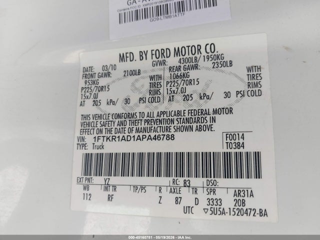 Продажа на аукционе авто 2010 Ford Ranger Xl/xlt, vin: 1FTKR1AD1APA46788, номер лота: 45160781