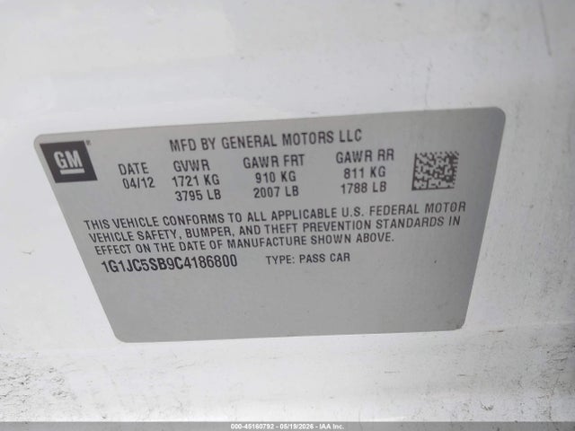 2012 Chevrolet Sonic 2lt მანქანა იყიდება აუქციონზე, vin: 1G1JC5SB9C4186800, აუქციონის ნომერი: 45160792