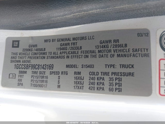 45160797 :رقم المزاد ، 1GCCSBF99C8143169 vin ، 2012 Chevrolet Colorado Work Truck مزاد بيع