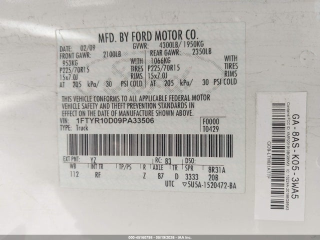 Продажа на аукционе авто 2009 Ford Ranger Sport/xl/xlt, vin: 1FTYR10D09PA33506, номер лота: 45160798