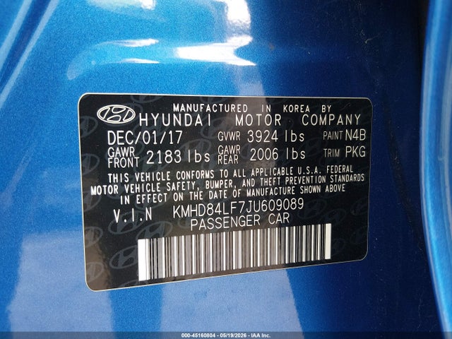 Продажа на аукционе авто 2018 Hyundai Elantra Value Edition, vin: KMHD84LF7JU609089, номер лота: 45160804