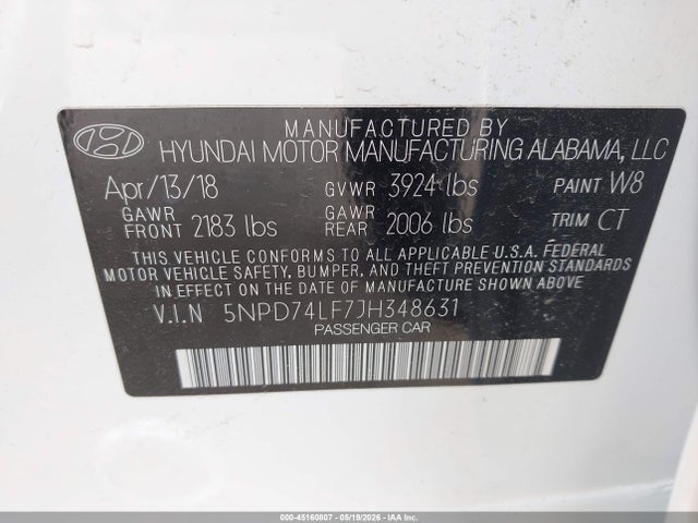 2018 Hyundai Elantra Se მანქანა იყიდება აუქციონზე, vin: 5NPD74LF7JH348631, აუქციონის ნომერი: 45160807