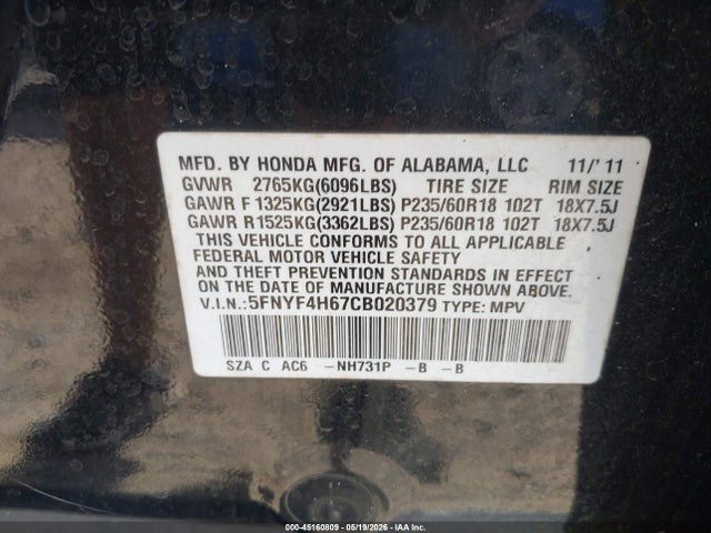 Продажа на аукционе авто 2012 Honda Pilot Ex-l, vin: 5FNYF4H67CB020379, номер лота: 45160809