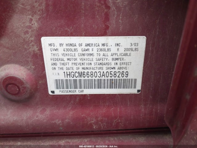 Продаж на аукціоні авто 2003 Honda Accord 3.0 Ex, vin: 1HGCM66803A058269, номер лоту: 45160812