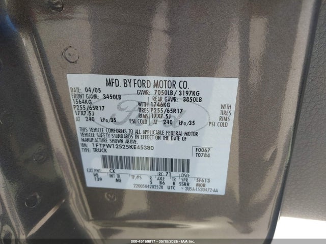 Продажа на аукционе авто 2005 Ford F-150 Lariat/xlt, vin: 1FTPW12525KE45380, номер лота: 45160817