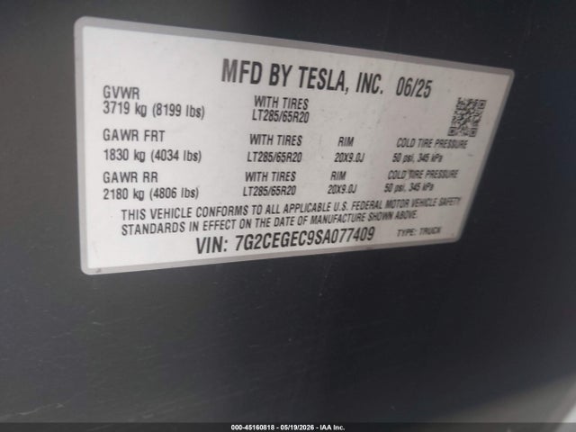 45160818 :رقم المزاد ، 7G2CEGEC9SA077409 vin ، 2025 Tesla Cybertruck مزاد بيع