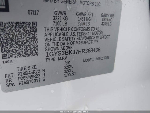 45160819 :رقم المزاد ، 1GYS3BKJ7HR368436 vin ، 2017 Cadillac Escalade Luxury مزاد بيع