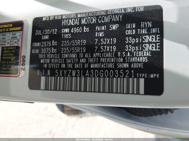 Aukcja sprzedaży 2013 Hyundai Santa Fe Sport 2.0t, vin: 5XYZW3LA3DG003521, numer aukcji: 45160824