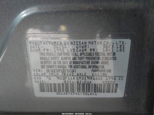 Продажа на аукционе авто 2016 Nissan Sentra S, vin: 3N1AB7APXGY306841, номер лота: 45160833