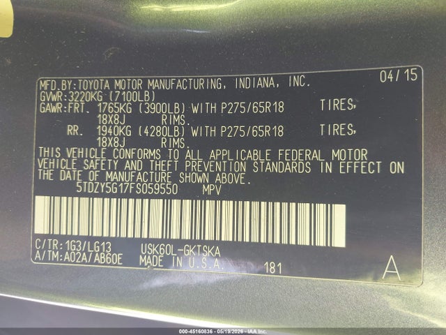 Продаж на аукціоні авто 2015 Toyota Sequoia Sr5 5.7l V8, vin: 5TDZY5G17FS059550, номер лоту: 45160836