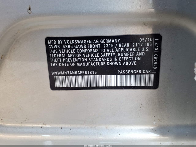 Aukcja sprzedaży 2010 Volkswagen Cc Sport, vin: WVWMN7AN6AE561815, numer aukcji: 45160840
