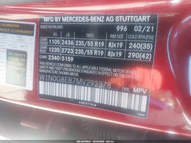 45160841 :رقم المزاد ، W1N0G8EB7MV292378 vin ، 2021 Mercedes-benz Glc 300 4matic Suv مزاد بيع