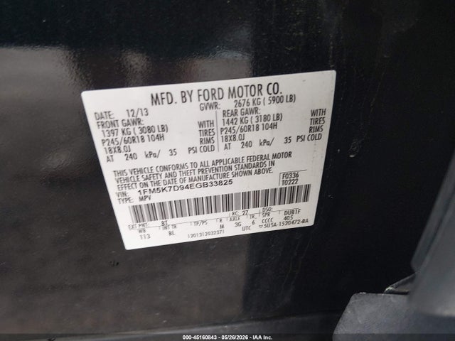 Aukcja sprzedaży 2014 Ford Explorer Xlt, vin: 1FM5K7D94EGB33825, numer aukcji: 45160843