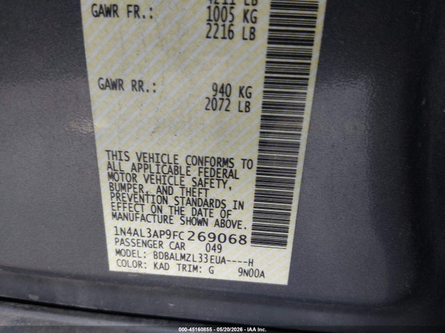 45160855 :رقم المزاد ، 1N4AL3AP9FC269068 vin ، 2015 Nissan Altima 2.5 Sv مزاد بيع
