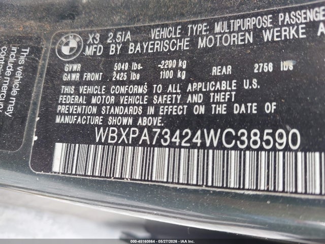 2004 Bmw X3 2.5i მანქანა იყიდება აუქციონზე, vin: WBXPA73424WC38590, აუქციონის ნომერი: 45160864