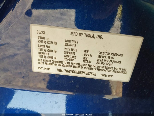 45160880 :رقم المزاد ، 7SAYGDEE8PF807570 vin ، 2023 Tesla Model Y Awd/long Range Dual Motor All-wheel Drive مزاد بيع