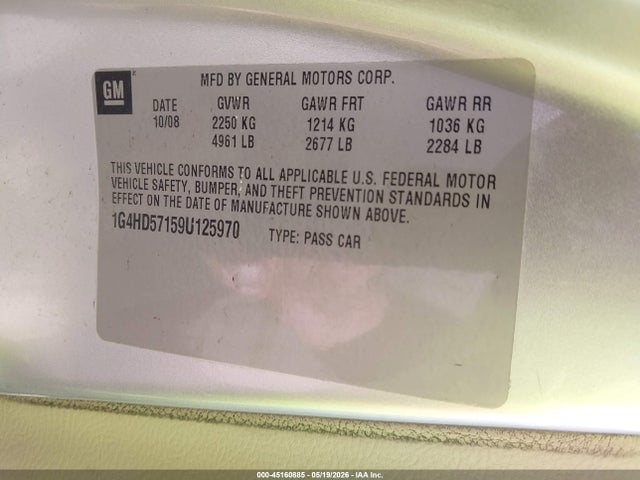 45160885 :رقم المزاد ، 1G4HD57159U125970 vin ، 2009 Buick Lucerne Cxl مزاد بيع