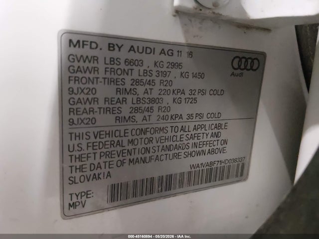 45160894 :رقم المزاد ، WA1VABF71HD038337 vin ، 2017 Audi Q7 3.0t Premium مزاد بيع