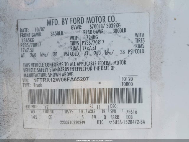 Продаж на аукціоні авто 2008 Ford F-150 Fx2/stx/xl/xlt, vin: 1FTRX12W08FA65207, номер лоту: 45160899