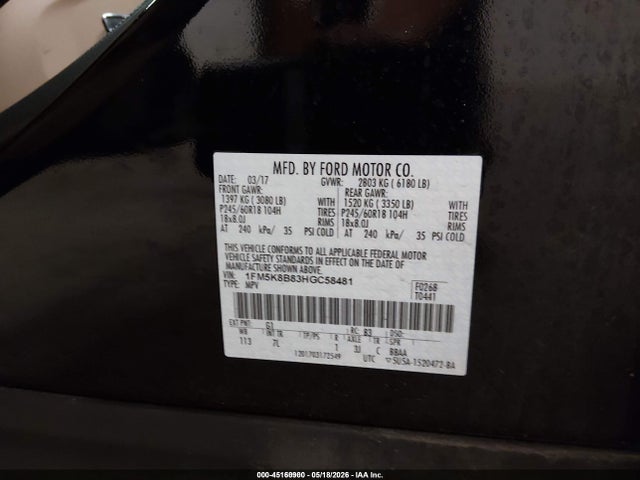 2017 Ford Explorer მანქანა იყიდება აუქციონზე, vin: 1FM5K8B83HGC58481, აუქციონის ნომერი: 45160900
