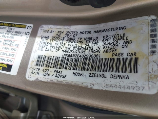 Продажа на аукционе авто 2008 Toyota Corolla Le, vin: 1NXBR32E48Z996881, номер лота: 45160907