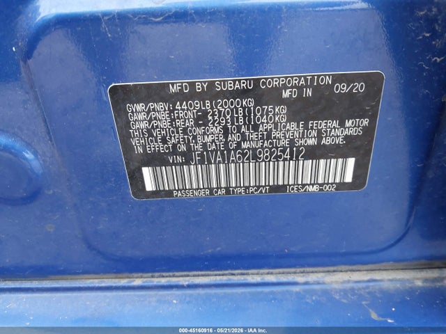 Aukcja sprzedaży 2020 Subaru Wrx, vin: JF1VA1A62L9825412, numer aukcji: 45160916