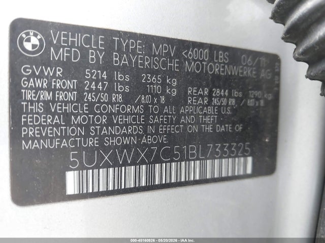 2011 Bmw X3 Xdrive35i მანქანა იყიდება აუქციონზე, vin: 5UXWX7C51BL733325, აუქციონის ნომერი: 45160926
