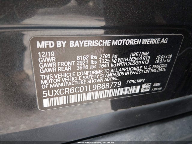 45160929 :رقم المزاد ، 5UXCR6C01L9B68779 vin ، 2020 Bmw X5 Xdrive40i مزاد بيع