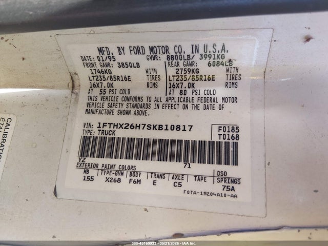 45160933 :رقم المزاد ، 1FTHX26H7SKB10817 vin ، 1995 Ford F250 مزاد بيع