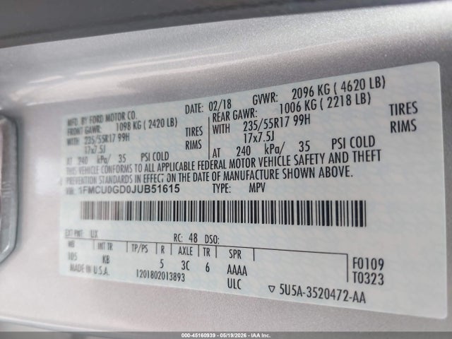2018 Ford Escape Se მანქანა იყიდება აუქციონზე, vin: 1FMCU0GD0JUB51615, აუქციონის ნომერი: 45160939