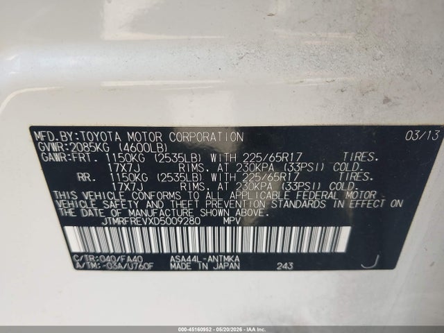 Продажа на аукционе авто 2013 Toyota Rav4 Xle, vin: JTMRFREVXD5009280, номер лота: 45160952
