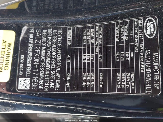 Aukcja sprzedaży 2022 Land Rover Range Rover Evoque R-dynamic S, vin: SALZT2FX0NH171685, numer aukcji: 45160957
