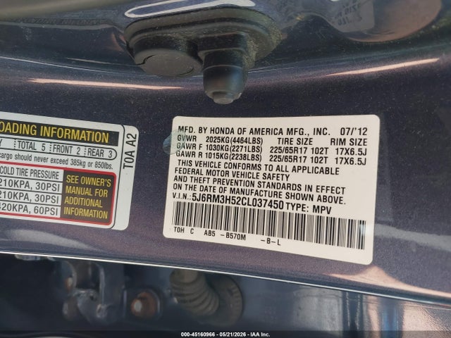 45160966 :رقم المزاد ، 5J6RM3H52CL037450 vin ، 2012 Honda Cr-v Ex مزاد بيع