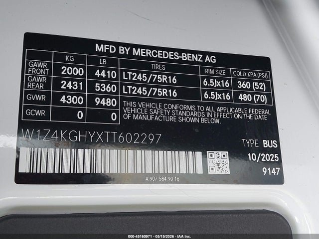 Aukcja sprzedaży 2026 Mercedes-benz Sprinter 2500 High Roof 4-cyl Diesel, vin: W1Z4KGHYXTT602297, numer aukcji: 45160971