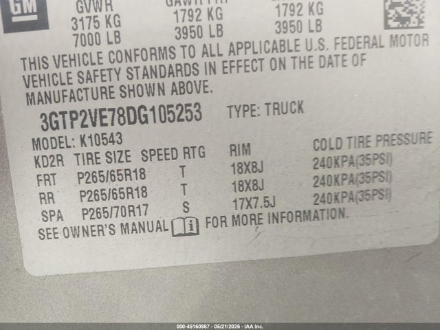 Aukcja sprzedaży 2013 Gmc Sierra 1500 Sle, vin: 3GTP2VE78DG105253, numer aukcji: 45160987