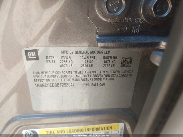45160988 :رقم المزاد ، 1G4GC5ED0BF292047 vin ، 2011 Buick Lacrosse Cxl مزاد بيع