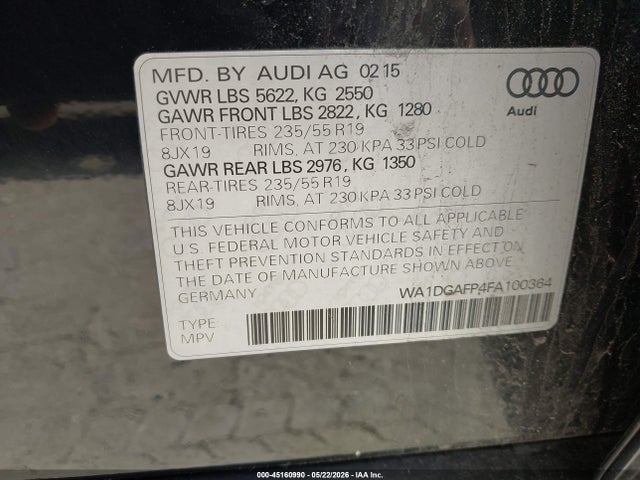 Продажа на аукционе авто 2015 Audi Q5 3.0t Premium Plus, vin: WA1DGAFP4FA100364, номер лота: 45160990