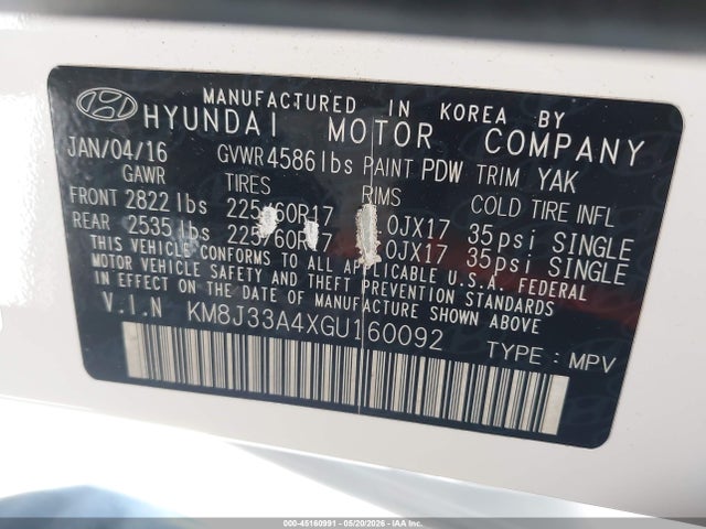Aukcja sprzedaży 2016 Hyundai Tucson Se, vin: KM8J33A4XGU160092, numer aukcji: 45160991