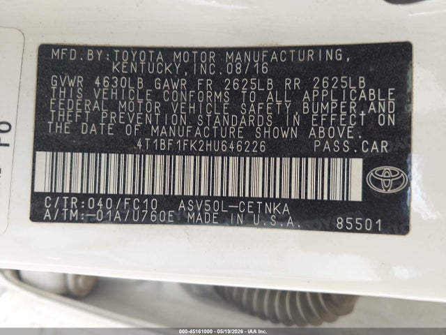 Продаж на аукціоні авто 2017 Toyota Camry Le, vin: 4T1BF1FK2HU646226, номер лоту: 45161000