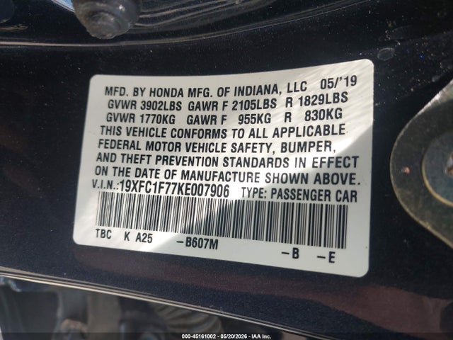 2019 Honda Civic Ex-l მანქანა იყიდება აუქციონზე, vin: 19XFC1F77KE007906, აუქციონის ნომერი: 45161002