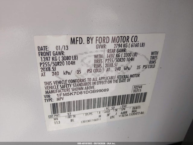 Продажа на аукционе авто 2013 Ford Explorer Xlt, vin: 1FM5K7D81DGB99089, номер лота: 45161003
