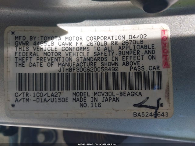 45161007 :رقم المزاد ، JTHBF30G620058492 vin ، 2002 Lexus Es 300 مزاد بيع