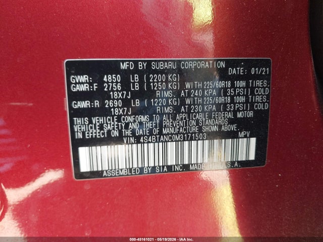 Продажа на аукционе авто 2021 Subaru Outback Limited, vin: 4S4BTANC0M3171503, номер лота: 45161021