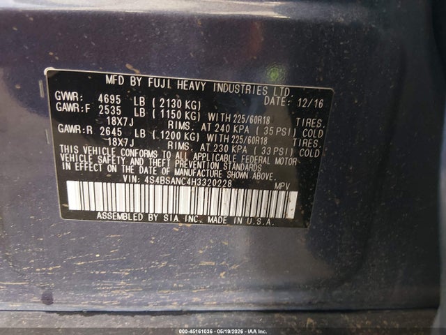 45161036 :رقم المزاد ، 4S4BSANC4H3320228 vin ، 2017 Subaru Outback 2.5i Limited مزاد بيع